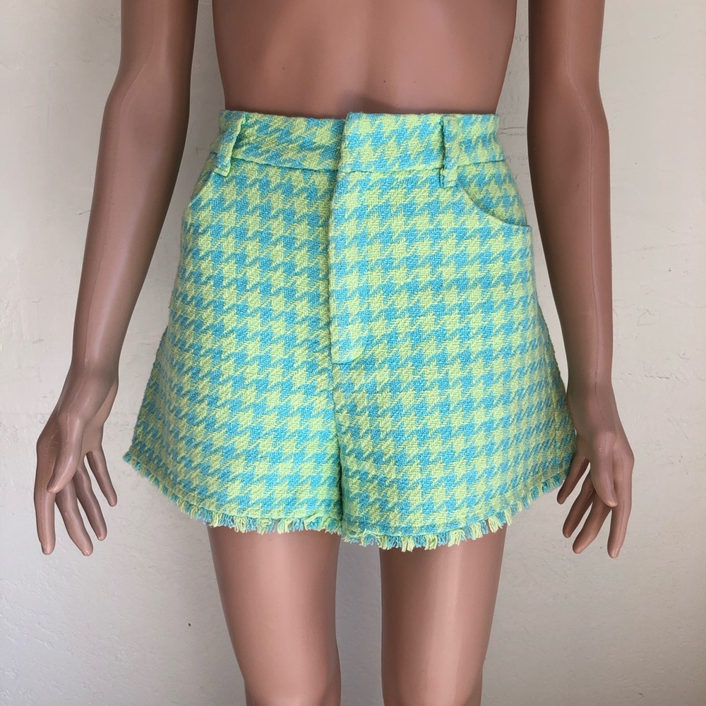 Zara Gingham Houndstooth Knitted Blue/Lime Green Tweed Shorts Women’s Size M
